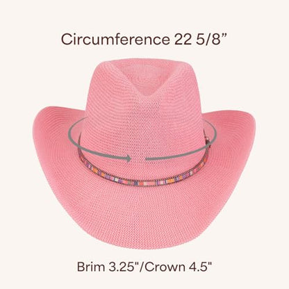 C.C Knitted Cowboy Hat for Women Lightweight Woven Western Hat with Multicolor Trim Band, Wide Brim Summer Sun Hat - color: Pink