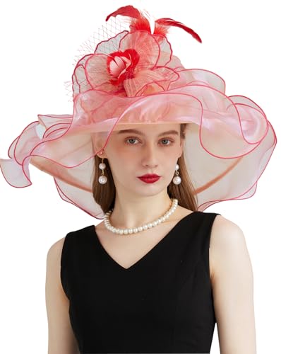 Women's Organza Church Kentucky Hat Fascinato Wedding Cocktail Tea Party Derby Hats Sun Hat - color: 04-pink Orange