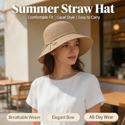 Straw Bucket Hats for Women Beach Sun Hat Foldable Packable Handmade Sun Protection Floppy Travel - color: Khaki-brim3.1"