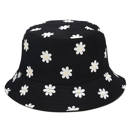 Bucket Hat for Women Men, Cotton Reversible Double Side Wear Sun Hats Beach Fisherman Hat - color: Flower Black