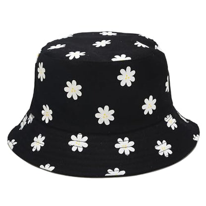 Bucket Hat for Women Men, Cotton Reversible Double Side Wear Sun Hats Beach Fisherman Hat - color: Flower Black