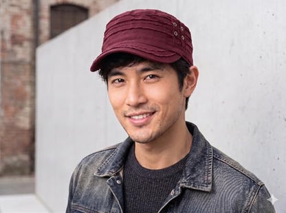 D&Y Unisex 100% Cotton Military Cadet Hat - Distressed Frayed Flat Top Cap - Adjustable Everyday Patrol Hat - color: Burgundy