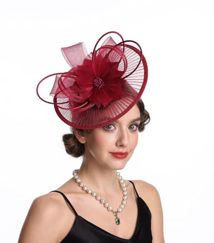 SAFERIN Elegant Women's Fascinator Hat with Veil and Feather Hair Clip Headpiece for Weddings Tea Party - color: St59-burgundy