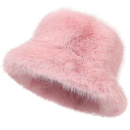 LA CARRIE Women's Fuzzy Wide Brim Faux Fur Bucket Hat Winter Fisherman Cap - color: Pink