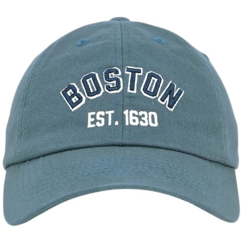 E BY ELIDAN Boston EST 1630 Dad Hat, Embroidered Cotton Baseball Cap - color: Denim
