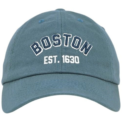 E BY ELIDAN Boston EST 1630 Dad Hat, Embroidered Cotton Baseball Cap - color: Denim