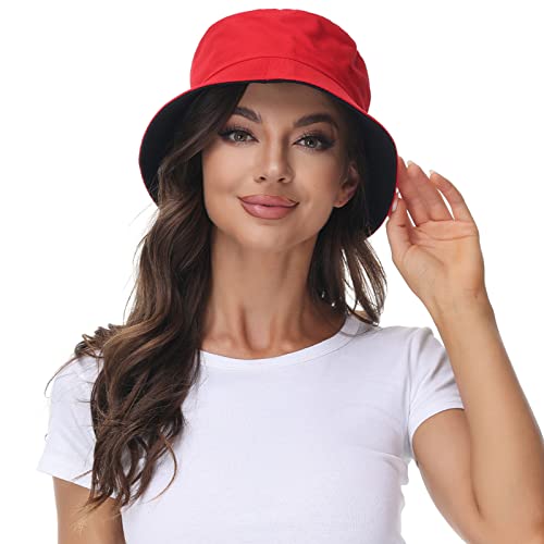 Women Reversible Bucket Hat, Summer Sun Hat for Women - color: Black- Red