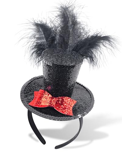 Black Mini Top Hat Headband Fascinator Feather Crazy Hat for Halloween Carnival Christmas Holiday Costume