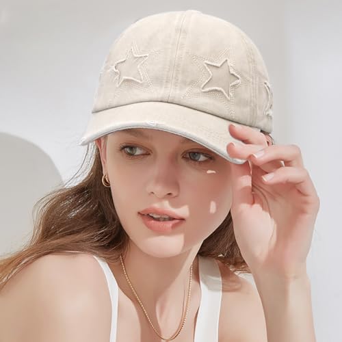 Retro Washed Distressed Baseball Cap with Five Pointed Stars for Women Men - color: Beige