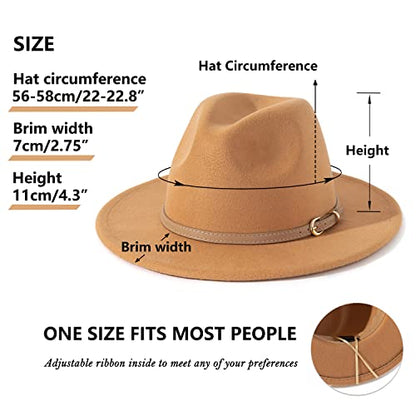 Lisianthus Women Classic Felt Fedora Wide Brim Hat with Belt Buckle - color: Camel