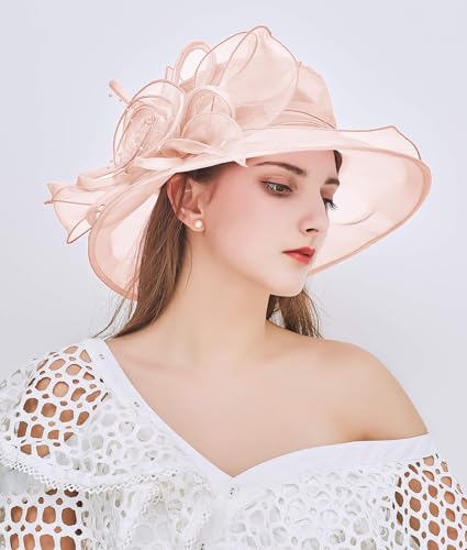 Women Organza Kentucky Hat Fascinator Tea Party Derby Hat Feather Wedding Church Head Ornament Sun Hats - color: 016-pale Pink