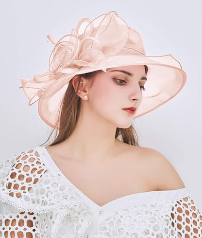 Women Organza Kentucky Hat Fascinator Tea Party Derby Hat Feather Wedding Church Head Ornament Sun Hats - color: 016-pale Pink
