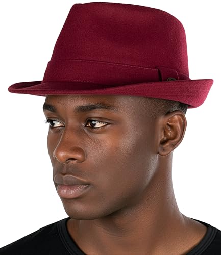 Funky Junque Fedora Hats for Men – Classic Wool Blend Trilby Dress Hat, Short Brim Men’s Fedoras for Formal & Casual Wear - color: Burgundy, size: 6 3/4-7 1/8