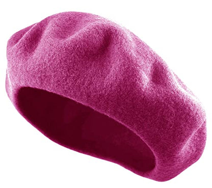 Women's French Beret Hat Solid Color Plain Wool Classic Traditional Artist Cap - color: Hot Pink