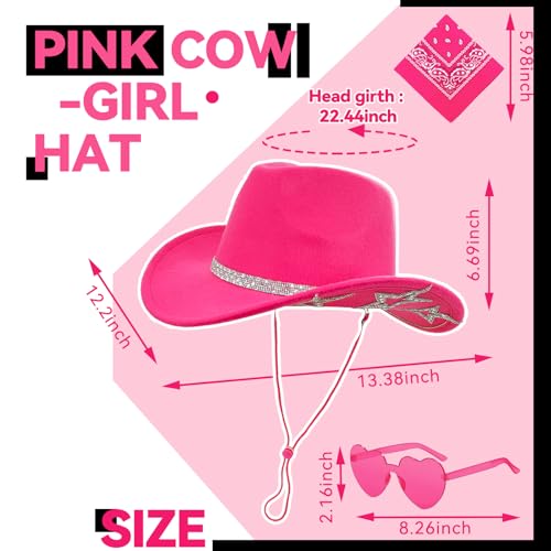 SHENYI Cowgirl Hat and Bandana and Heart Sunglasses Glitter Rhinestone Star Cowboy Hat Western Sparkly Hats for Women Men - color: Hot Pink