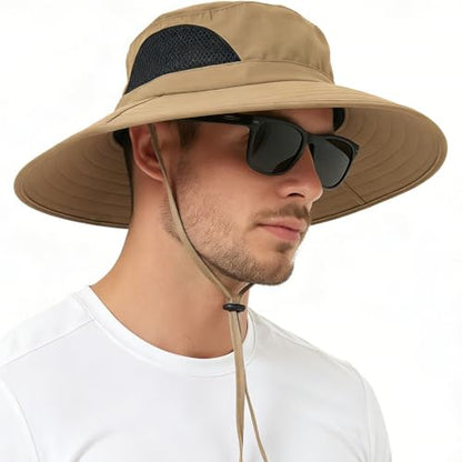 Wide Brim Sun Bucket Hat, Waterproof Boonie Hat for Men & Women - color: 01 Camel