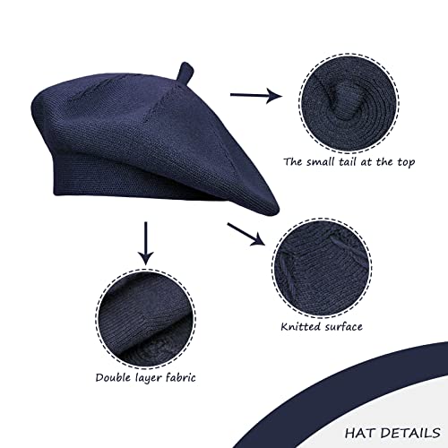 Gllutt Beret Hat French Style Stretchy Knitting Solid Color Both Side Usable - color: Light Navy Blue