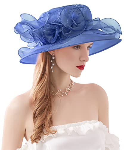 Women Derby Fascinator Hat Organza Church Wedding Hats Wide Brim Cocktail Tea Party Hat - color: 12 Dark Blue
