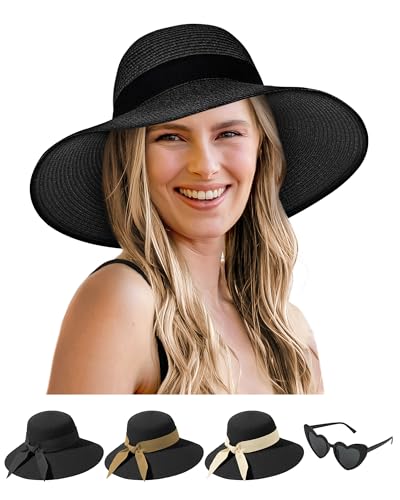 Sun Straw Hats for Women, Wide Brim Summer Beach Hat - color: Black, size: Large