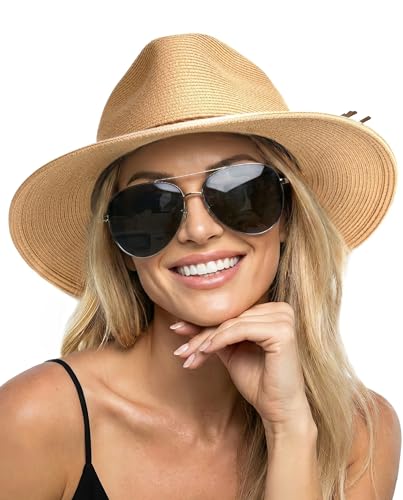 FURTALK Womens Wide Brim Sun Hat Beach Panama Fedora Straw Summer - color: Khaki, size: Large-X-Large
