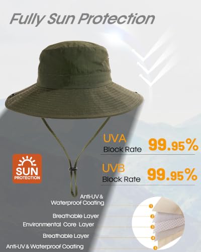 FURTALK Sun Hats for Women Wide Brim Bucket Hat Ponytail Hole Outdoor UPF - color: Green