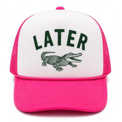 Later Gator Trucker Hat for Men & Women Funny Foam Front Classic 5 Panel Snapback - color: White/Hot Pink