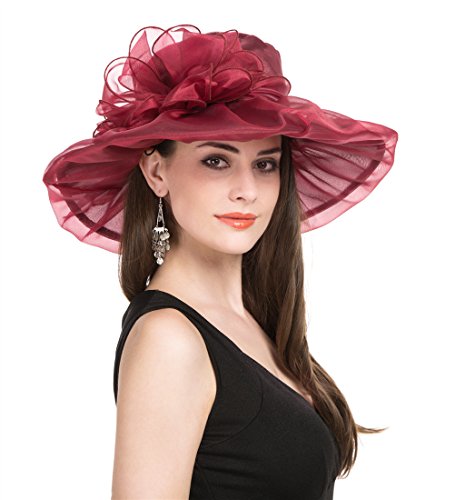 Haojing Women's Organza Church British Fascinator Bridal Tea Party Wedding Hat Summer Ruffles Cap - color: Hjh-burgundy Bowknot