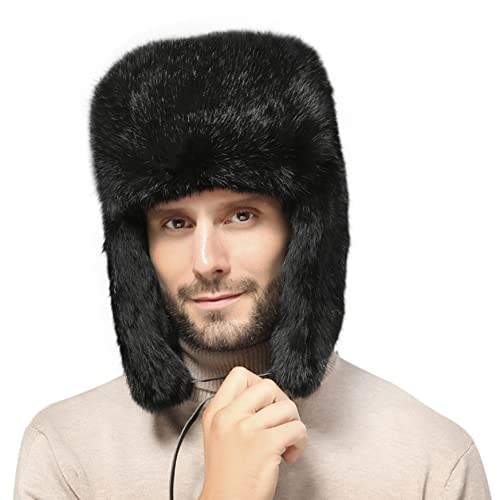 Clobeau Men's Faux Fur Trapper Hat Trooper Trapper Hat Warm Winter Hats Hunting Hats Ear Flaps Snow Ski Cycling Caps - color: Black