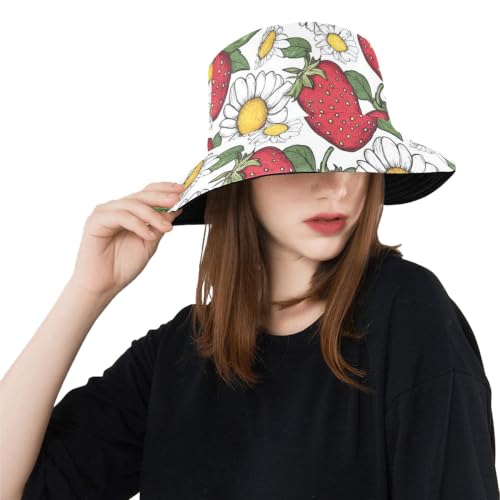 Reversible Bucket Hat for Women Men, Cotton Packable Summer Sun Hat, Double-Side-Wear Fisherman Cap for Beach Travel Hiking - color: Mz-strawberry2 Hat