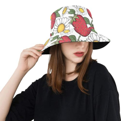 Reversible Bucket Hat for Women Men, Cotton Packable Summer Sun Hat, Double-Side-Wear Fisherman Cap for Beach Travel Hiking - color: Mz-strawberry2 Hat