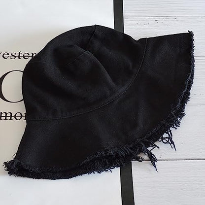 Quanhaigou Frayed Unisex Sun Hats, Fashion Beach Bucket Hat for Men Women,Summer Outdoor Boy's Girls Boonie Cap - color: Frayed Black