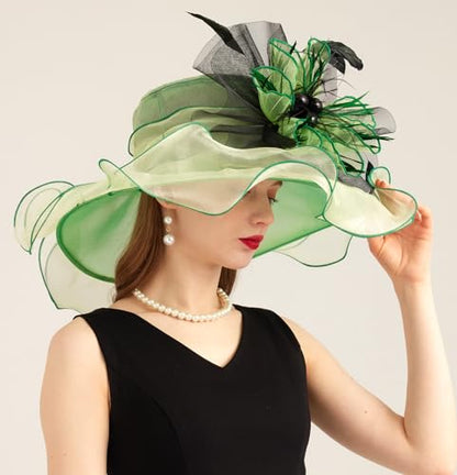 Women Derby Church Hat Organza Flower Wedding Tea Party Fascinator Wide Brim Sun Hat - color: 10-light Green