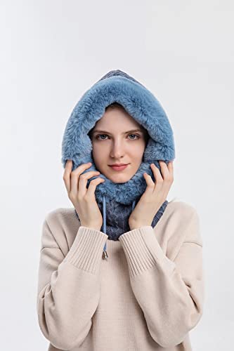 Womens Winter Hats, Warm Hooded Scarf Hat for Women, Fleece Beanie Hat with Drawstring, Balaclava Knit Skull Cap - color: Navy Blue
