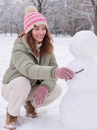 Winter Hats for Women Cable Knit Chunky Skull Cap Fleece Lined Thick Fold Cuff Beanie hat - color: Pink & Cream Beanie, style: Pineapple