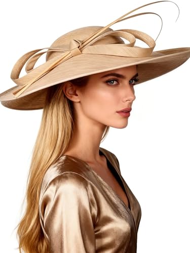 Big Wide Brim Fascinator Hats for Women Ladies Kentucky Tea Party Dress Flat Top Fedoras Hat with Bow Feather - color: Champagne