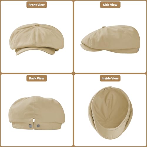 KUJUHA Newsboy Cap for Men Flat Cap 100% Cotton Irish Gatsby Ivy Golf Cabbie Hat Driving Hat - color: Khaki, size: Medium