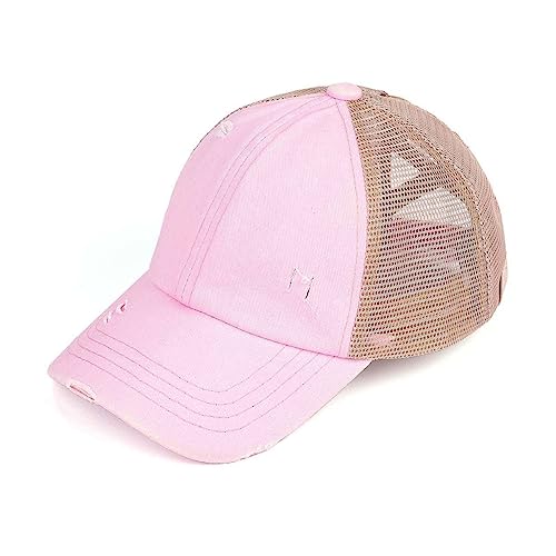 C.C. Childrens' Kids' Girls' Criss Cross High Bun Adjustable Mesh Trucker Baseball Cap - color: Cotton Twill, Baby Pink