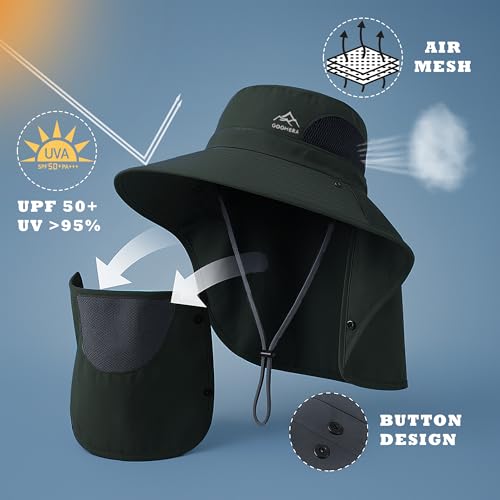 Sun Hat for Men & Women, Breathable Wide Brim Outdoor Fishing Hat with Face Cover & Neck Flap - color: Dark Green