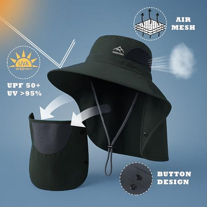 Sun Hat for Men & Women, Breathable Wide Brim Outdoor Fishing Hat with Face Cover & Neck Flap - color: Dark Green