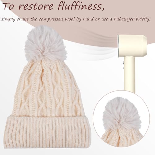 Pom Pom Beanie for Women & Girls, Warm Knit Winter Hat - color: Beige