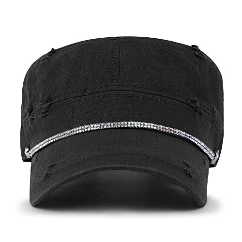 ililily Rhinestone Cotton Cadet Cap Vintage Distressed Cotton Military Army Hat - color: Black_lined