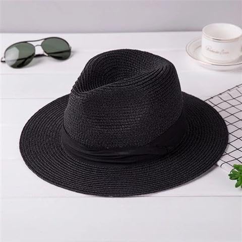 Unisex Adjustable Summer Straw Fedora Hat Sun Cap Panama Wide Brim For Beach Summer Outdoors Camping Supplies - color: Black