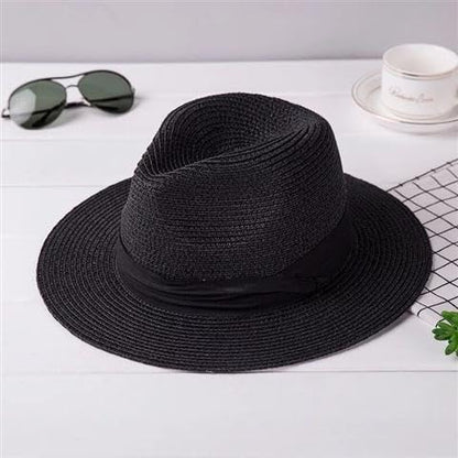 Unisex Adjustable Summer Straw Fedora Hat Sun Cap Panama Wide Brim For Beach Summer Outdoors Camping Supplies - color: Black