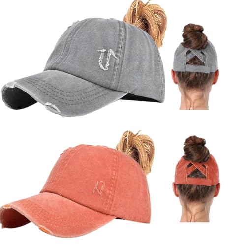 2 Packs Womens Criss‑Cross High Ponytail Trucker Hat, Cotton Vintage Washed Distressed Adjustable Baseball Cap - color: 2pcs 25