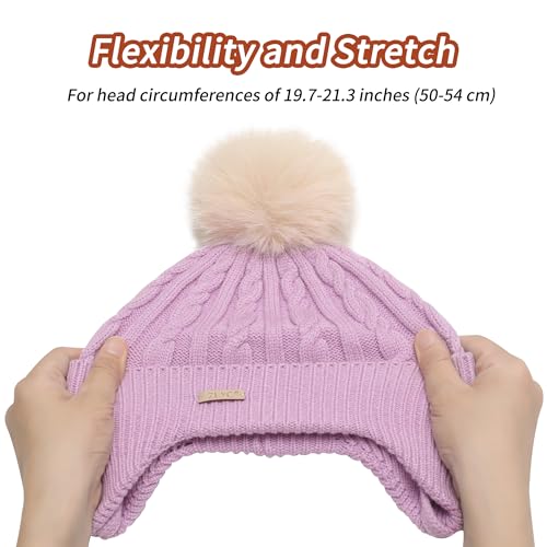 ZLYC Kids Girls Boy Winter Hat Cotton Lined Pom Pom Beanie Earflap Knit Cap - color: Solid Light Purple