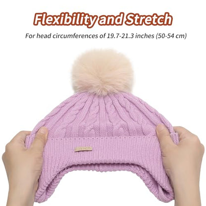 ZLYC Kids Girls Boy Winter Hat Cotton Lined Pom Pom Beanie Earflap Knit Cap - color: Solid Light Purple