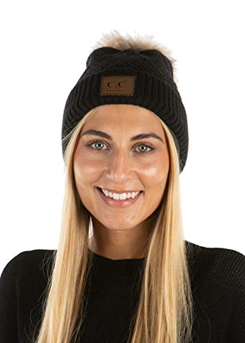 Funky Junque Mommy & Me Double Pom Beanies 3-Pack Matching Winter Hats for Mom, Toddler & Infant Girls, Cozy Knit Family Set - color: Adult/Toddler (Single Pom)/Infant (Double Pom) - Diagonal Stripes - Black (3 Pack)