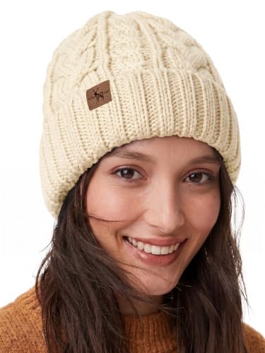 Winter Hats for Women Cable Knit Chunky Skull Cap Fleece Lined Thick Fold Cuff Beanie hat - color: Oatmeal, style: Wheat Spike