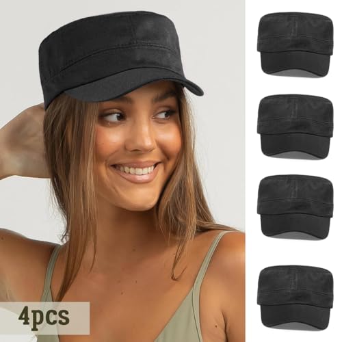 Glamorstar Unisex Cadet Army Hats 4 Pieces Military Flat Top Newsboy Cap - color: 4 Black
