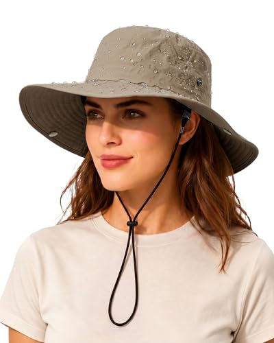 Wide Brim Waterproof Bucket Rain Hat for Women Men UPF50+ Cowboy Sun Hat - color: Khaki